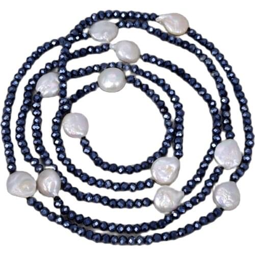 GG Jewelry Natural Freshwater Cultured White keshi Pearl Black Crystal Long Sweater chain Necklace For Women