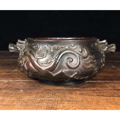 7"Chinese temple collection Old Bronze Cinnabar Lacquer Dragon head statue incense burner Town House Exorcism