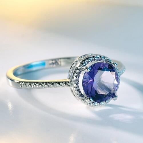 Round Purple Cubic Zirconia Jewelry Silver Plated Simple Rings with Stamp Fashion for Women Party Wedding Finger Ring Gift