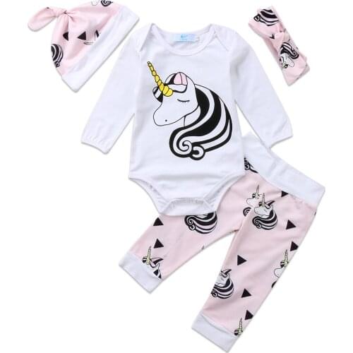 Baby Girl 4PCS Clothes Set Unicorn Printed Romper Bodysuit Pants Cap Headband 0-24M Newborn Toddler Casual Outfits 2021 New