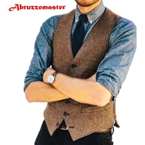 Brown Groom Suit Vests Herringbone Groomsmens Vest Custom Made Man Waistcoat Suit Waistcoat Brown Herringbone Man Top