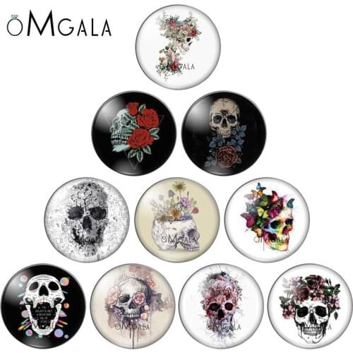 New FlowersSkull RosePunk fashion 10pcs 8mm/10mm/12mm/18mm/20mm/25mm Round photo glass cabochon demo flat back Making findings