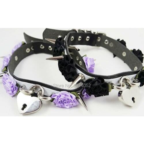 Punk Harajuku Lolita Handmade Rose Flower Floral Long Spiked Choker Lock Key Lockable Collar Necklace