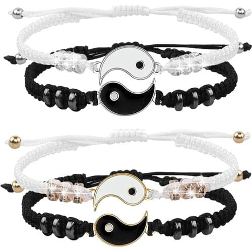 Couple Bracelets Hematite Leather Cord Braid Chain Bracelet Chinese Tai Chi Alloy Pendant Two-piece Woven Lover Bracelet Gift A