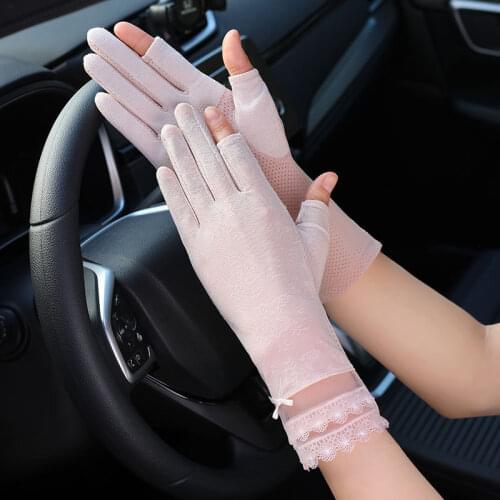 Thin Ice Silk Lace Exposed Fingers Touch Screen Viscose Driving Gloves Summer Women UV Sunscreen Short Cycling Sun Gloves J93