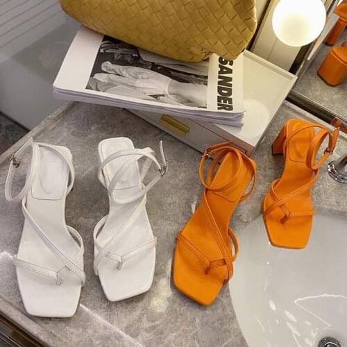 New Cross Tie Leather Sandals Women Low Heels Strap Summer Shoes Female Orange Square Toe Gladiator Lady Block High Heels Shoes