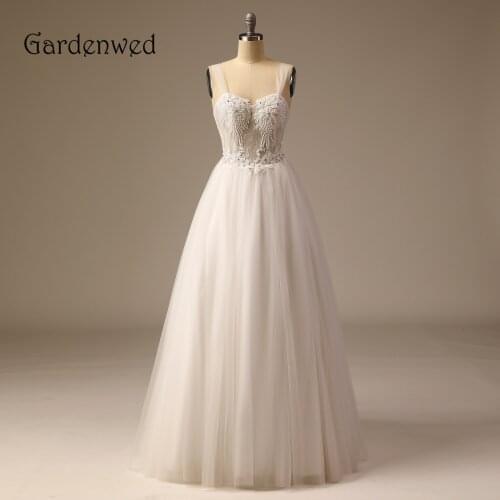 Sexy Illusion Straps Ivory Bridal Gowns High Quality Pearls Beading Tulle Floor-length Wedding Dresses Sheer Lace Bodice