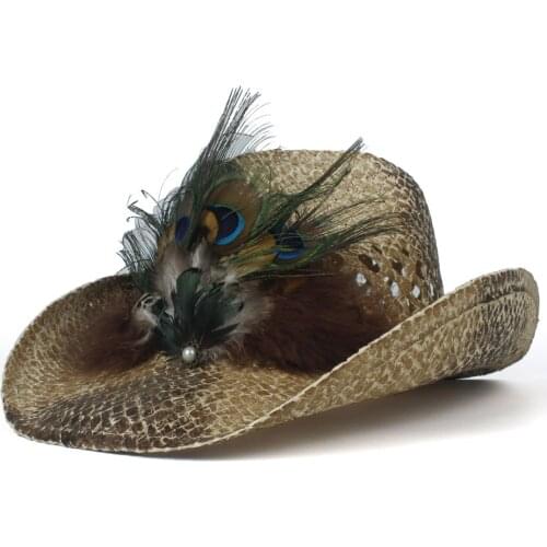 2019 100% Handmade Straw Women Men Hollow Western Cowboy Hat Lady Bohemia Peacock Feather Sombrero Hombre Cowgirl Jazz Sun Caps