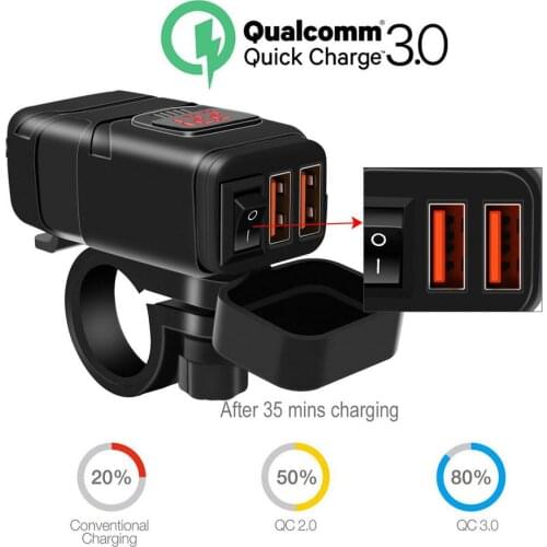 QC 3.0 Universal Motorcycle Car Truck Boat Dual USB Charger Socket For Phone Tablet Camera GPS DVR With Switch For ATV