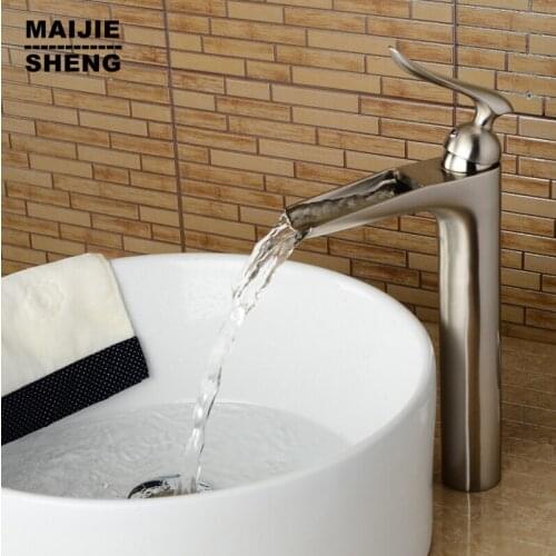 Bathroom tall faucet nickel basin faucet waterfall sink mixer nickel brushed water faucet brushed bathroom faucet high tap