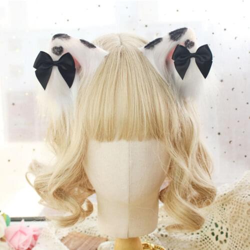 Original Hand-made Black White Cow Imitation Cat Ears Hair Clip Cosplay Japanese Animal Ears Lolita Cute Plush Bowknot Side Clip