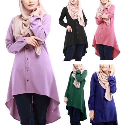 Women Muslim Long Sleeve Blouse Dress Buttons Asymmetric Loose Shirt Tunic Tops MXMA