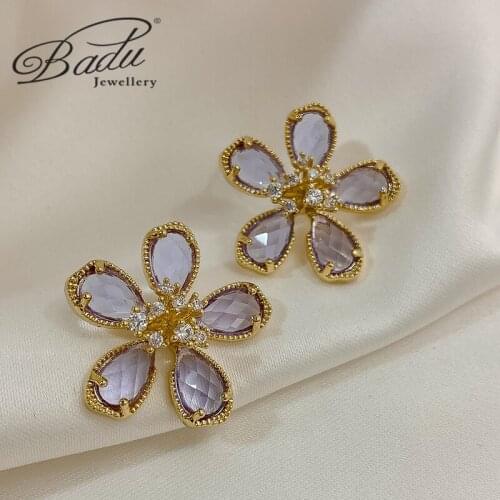 Badu Women Flower Stud Earrings Crystal Earrings Metal Wrapped Jewelry Purple Transparent Accessories Temperament Gifts for Girl
