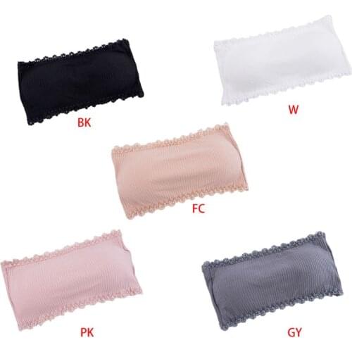 L93F Women Girls Summer Ribbed Striped Strapless Bandeau Bra Floral Lace Trim Solid Color Push Up Bralette Adjustable Hooks Tube