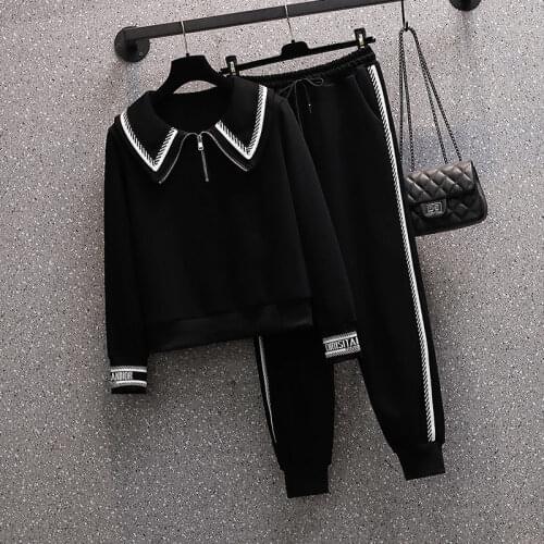 Plus Size Womens Spring 2021 New Fashion Age-reducing and Thinning Sweater Casual Sports Two-piece Suit Pants