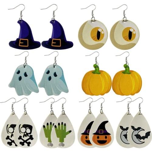 1Pair PU Halloween Faux Leather Double-sided Printing Dangle Earrings Halloween Drop Earings Gift For Women