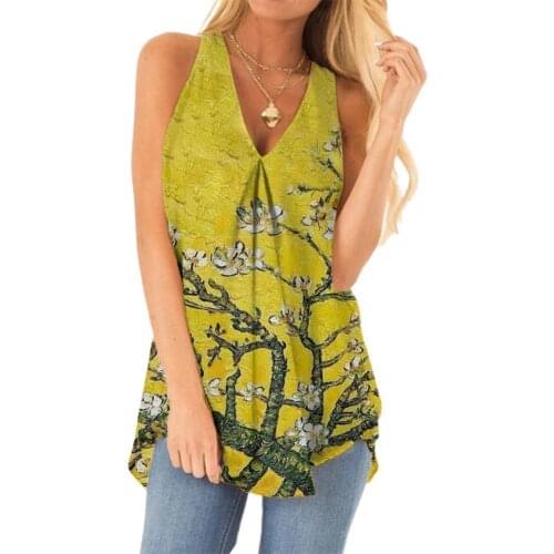 2021 Summer Women Blouse Casual Deep V Floral Print Summer Loose Sleeveless Pleated T-shirt Party Plus Size Loose Tank Top