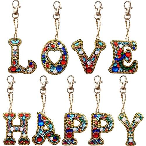 9pcs DIY Diamond Painting Letters Happy Love Women Girl Bag Keyring Pendant Special-shaped Full Drill Embroidery Cross Stitch