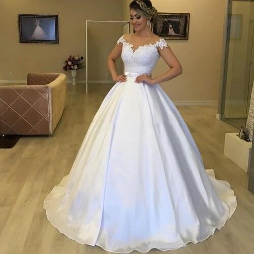 Angelsbridep Lace Appliques Ball Gown Tulle Wedding Dresses 2021 Off The Shoulder Short Sleeves Bridal Dresses Wedding Gowns