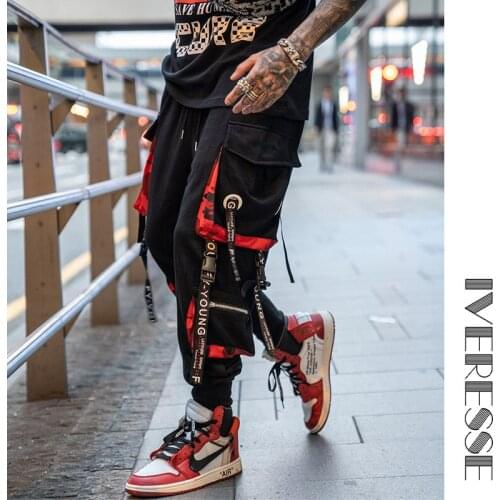 Hip Hop Joggers Cargo Pants for Men Block Hit Color Pocket Track Pants Male Trousers Sweatpants Streetwear Letter Ribbons Casual
