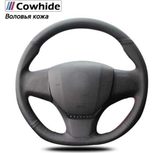 Black Genuine Leather Car Steering Wheel Cover for Peugeot 408 2014 2015