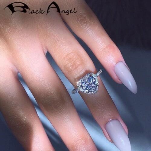 BLACK ANGEL Romantic Love Heart Shaped Shiny White Diamond Gemstone 925 Sterling Silver Adjustable Ring For Women Jewelry Gift