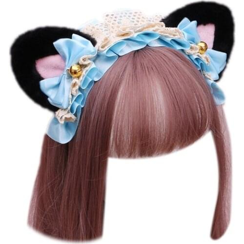 Women Anime Lolita Cosplay Animal Headband Cute Plush Cat Ears Ruffled Lace Ribbon Bowknot Bell Hair Hoop Masquerade Party Headp