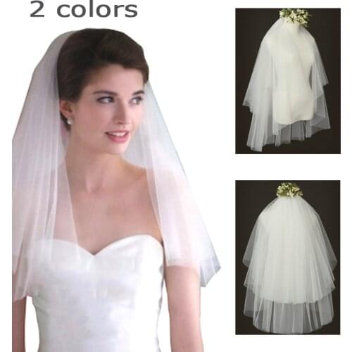 Two Layer Short Wedding Veil With Comb Cheap 2021 Cut Edge Elegant Soft Tulle White Ivory Bridal Veils for Wedding