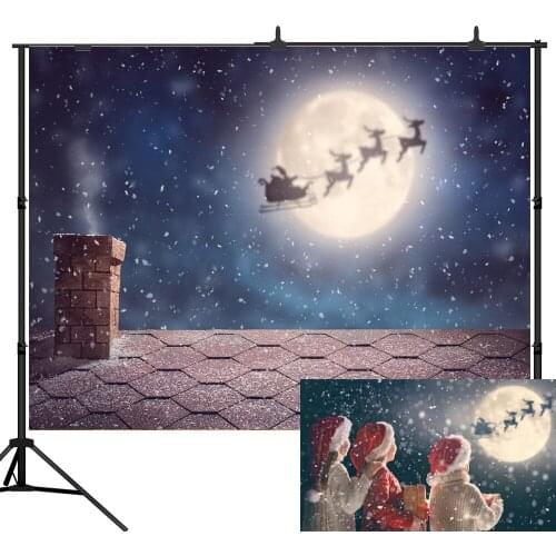 Lyavshi Merry Christmas Santa Claus Flies Sleigh Full Moon Night Sky winter snow photo background Computer print party backdrop