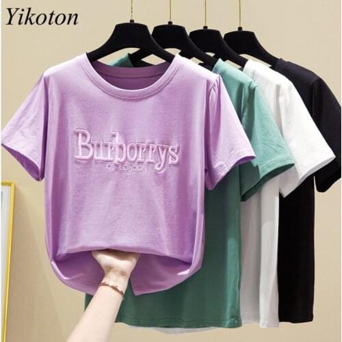 Cotton T Shirts Summer Harajuku 2021 Women Outside Tee Tops Shirts Basic Letter Embroidered T Shirt Ladies Short Sleeve Female