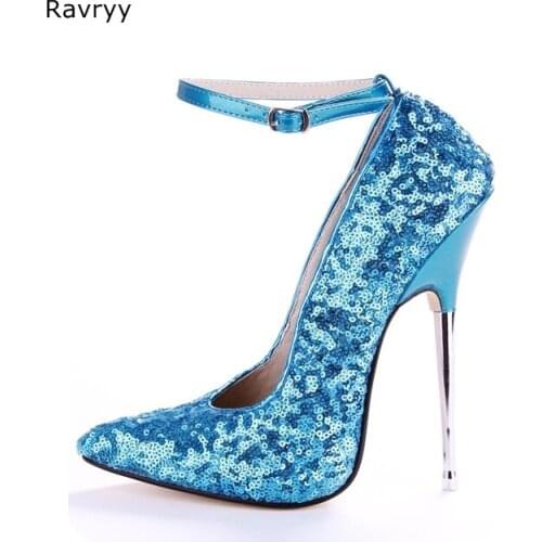 Twinkling Woman blue high heel Pointed Toe Sexy Pumps metal heel female shoes stiletto Model Show club party Pole dance shoes