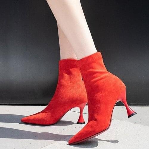 New Fashion Women Ankle Boots Pointed Toe High Heel Stiletto Soft Suede Slip-on Boot Purple Black Red Cozy Botas Flock