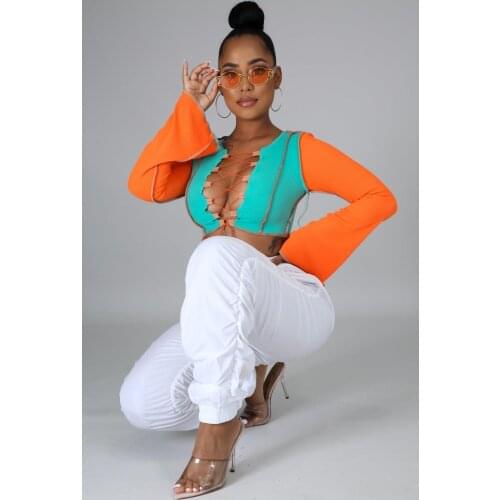 Coolhappy Sexy Hollow Out Bandage Tops Women Neon Color Ribbed Knitting Tee Shirt Female Club Party Pink and Green Two Colours