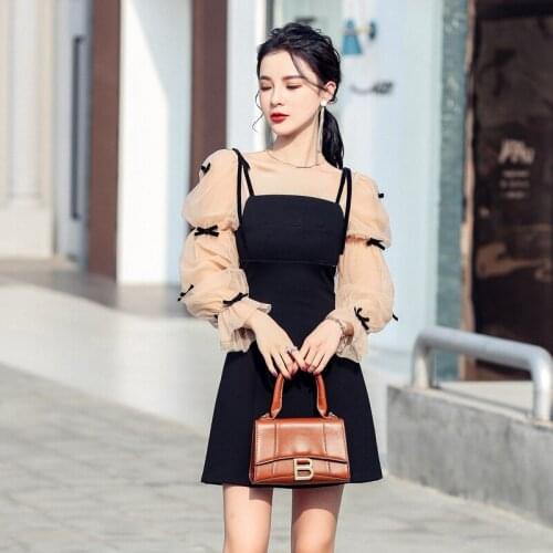 French Sling Three-dimensional Bow Dress Spring Autumn 2021 New Women Mesh Stitching Small Black Dress Sling Short Dress