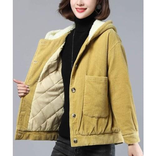 Plush Thicked Women Corduroy Jacket Autumn Winter New Plus Size 5XL Loose Hooded Warm Coat Female Short Cotton Outwear Y640
