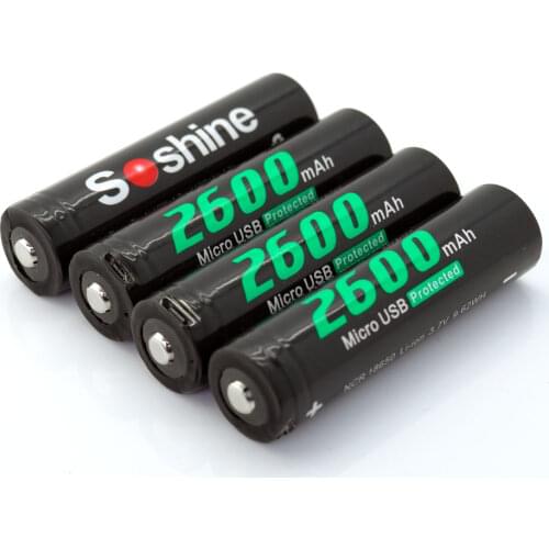Soshine Li-ion 18650 2600mAh 3.7V Rechargeable Protected Battery with Built-In Micro USB Port