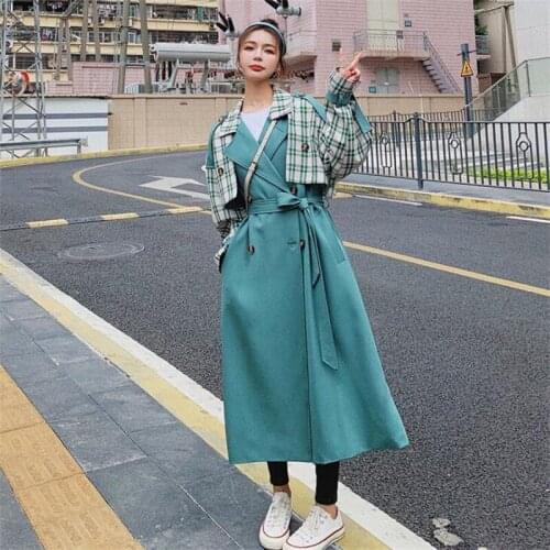 Spring new trench coats womens green lattice stitching double-breasted windbreaker jacket خندق польто женское осень2021 casaco