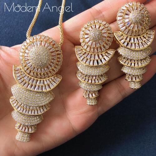 ModemAngel Luxury Trendy Geometry Design Zircon Necklace Earring Jewelry Sets For Women Wedding Indian Dubai Bridal Jewelry Sets