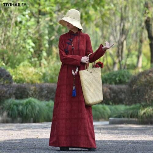 TIYIHAILEY Free Shipping 2020 A-line Long Maxi Dress Women Full Sleeve Print Winter Thick Fleece Warm Inside Vintage Cheongsam