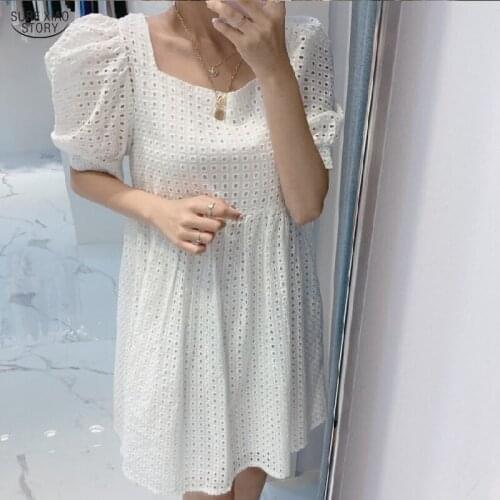Korean Chic Square Collar White Women Dress 2021 Summer Hollow Puff Sleeve Mini Dress Fashion A-Line Loose Clothing Robes 15196