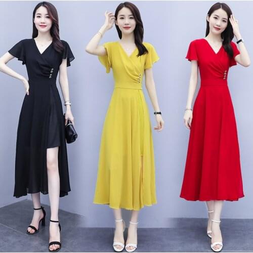 2021Elegant Chiffon Dress For Women V-neck Short Sleeve Plus Size Dresses Split 4XL Beach Party Womens Dress Solid long Dress