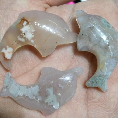 1pcs NATURAL cherry blossom agate QUARTZ CRYSTAL Hand-carved dolphin