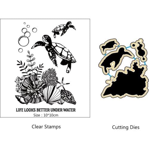 AZSG Sea Turtle/Fan Shell Cutting Dies Clear Stamps For DIY Scrapbooking/Card Making/Album Decorative Silicone Stamp Crafts