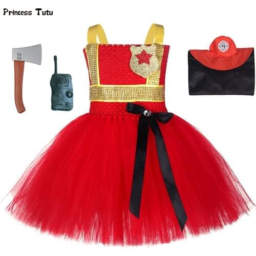 Gold Red Firefighter Kids Girls Tutu Dress Halloween Cosplay Fireman Costume Children Carnival Party Clothes Girls Fancy Dress