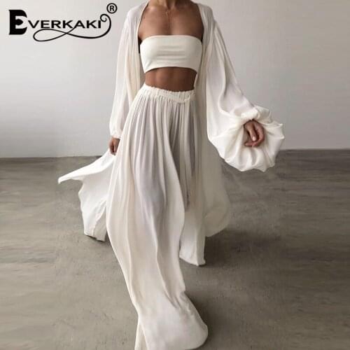 Everkaki Casual Tube Bra Pants Robe 3PCS Sets Suits Women Boho Summer Solid Oversized Home Soft Elegant Loose Sets Female 2021