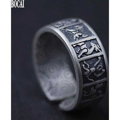 Real pure S990 Full Silver Personality Adjustable Man Ring Jewelry Thai Silver National Style Zodiac Sign Good luck Man rings