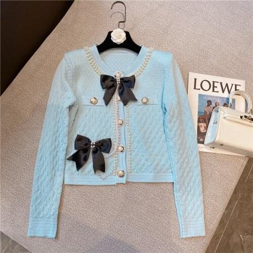 Short Cardigan Lady 2021 Autumn New Sweet Pearl Beaded Chain Bow Long Sleeve Round Neck Sweater Coat Femme Cardigan Women
