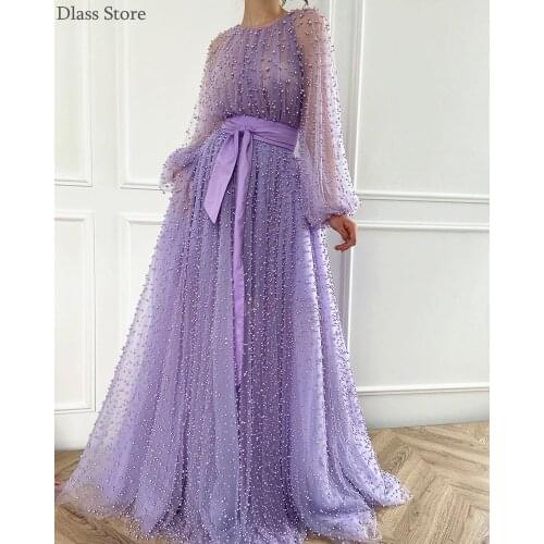 Lavender Purple Evening Dress A-line Beads New Style Puff Sleeves Illusion Tulle Simple Prom Dress vestidos largos formales
