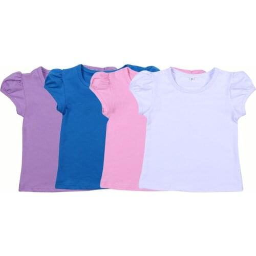 Summer Boutique 100% Cotton Baby Embroidery Available Puffy Sleeve Girls Thick T-shirts Kids