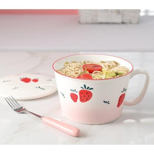 Lovely Strawberry Noodle Bowl Girl Large Noodle Bowl Ceramic Student Dormitory Tableware with A Bowls Single